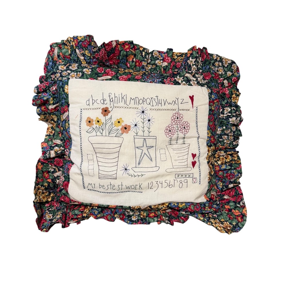 Vintage Hand Embroidered Alphabet Sampler Floral Chintz Ruffle Pillow 20x20